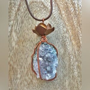 Raw Amethyst Necklace Wire Wrapped Semi Precious Stone Adjustable Leather Cord